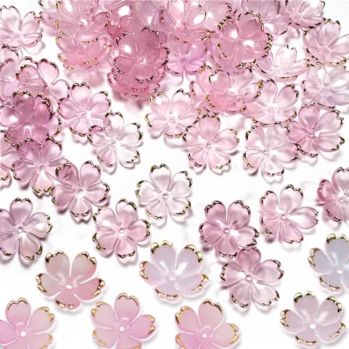 50Pcs Cherry Blossom Acrylic Flower Beads, Mini Floral Spacer Beads for Jewelry Making 5-Petal Gradient Flower Bead Gold-Plated Flowers Bead Charms for Bracelets (Pale Pink Gradient) - color: Pale Pink Gradient