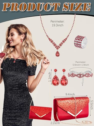 Henoyso 5 Pcs Rhinestone Jewelry Sets Prom Purse Jewelry Rhinestone Clutch Purse Bride Necklace Earrings Bracelets for Women - color: Red