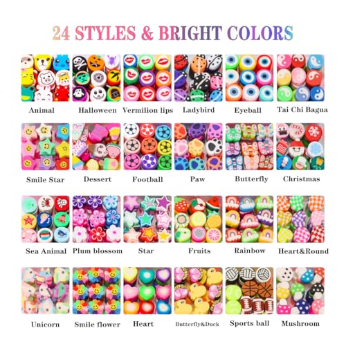 500 Pieces Polymer Clay Beads for DIY Jewelry Making, 24 Style Cute Clay Bead Animal Beads Flower Football Sports Beads Charms for Bracelets Necklace Crafts Kits for Adults Women