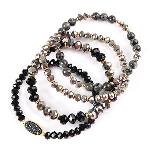 RIAH FASHION Bohemian Acrylic Druzy Multi-Layer Bead Statement Bracelet - Versatile Faux Stone Pendant Stretch Strand Stackable Cuff Bangle Set Sparkly Crystal - color: Oval Acrylic Druzy - Black