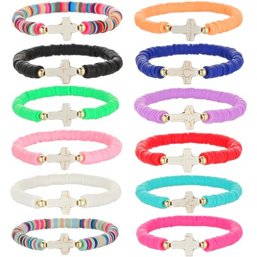 12pcs Friendship Bracelets Beaded Bracelets Heishi Bracelet Cute Bracelets Stack Vinyl Clay Disc Bead Surfer Stretch Summer Beach Bracelets For Women Preppy Bracelets - color: M