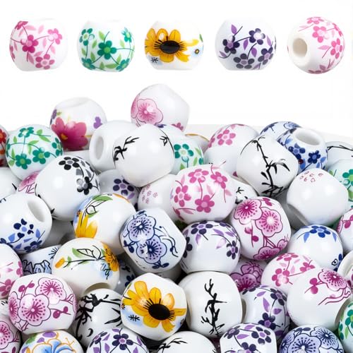 1 Box 180PCS 8MM Colored Chinese Porcelain Beads Large Hole Flower Printed Round Floral Ceramic Flowers Vintage Loose Spacer Bead for Jewelry Making Bracelets Necklaces DIY Craft Supply - color: Colored, size: 8mm 180pcs
