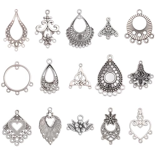 60Pcs 15 Styles Earring Chandelier Charms Filigree Charm Pendant Links Tibetan Antique Silver Vintage Hollow Teardrop Metal Earring Component Connectors Loops for Jewelry Making Findings
