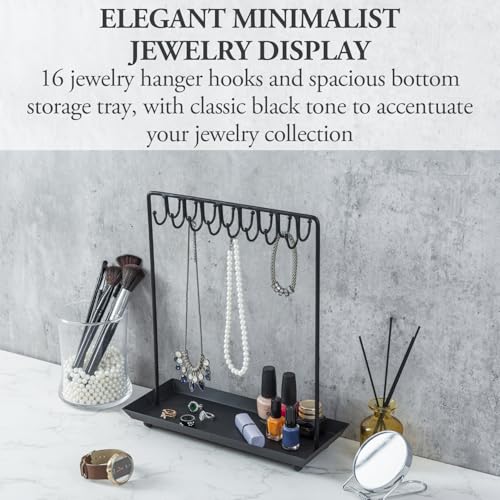 MyGift Black Metal Jewelry Stand for Women Jewelry Organizer Stand for Necklaces with 20 Hooks and Ring Tray Sturdy Necklace Pole - color: Black