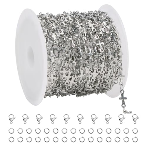 SMYHTGLIF 4 Meters Stainless Steel Cross Jewelry Making Chains Silver Chain Bulk for Jewelry Making DIY Jewelry Findings - color: Cross Silver