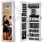 LED Mirror Jewelry Cabinet with Bluetooth Speaker, Wall/Door Mounted Jewelry Organizer Armoire, Full Length Lighted Mirror with Jewelry Storage,Jewelry Box Standing for Women