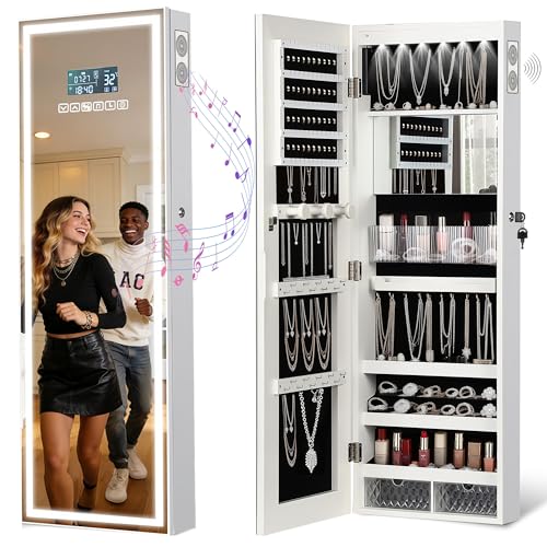 LED Mirror Jewelry Cabinet with Bluetooth Speaker, Wall/Door Mounted Jewelry Organizer Armoire, Full Length Lighted Mirror with Jewelry Storage,Jewelry Box Standing for Women