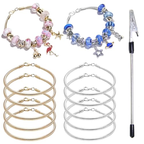 Exway 10 Pcs Snake Charm Bracelet Chain 7.0 Inch Gold and Silver Charm Bracelet Kit Snake Chain Bracelets Chain for Christmas DIY Women Jewelry Making Gifts - color: gold+silver, size: 7.0in