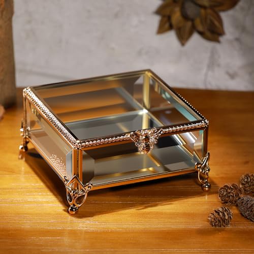 Glass Vintage Jewelry Box Keepsake storage Trinket Ring Display Box Home Decor Beveled Clear Glass Box Organizer(5.1x5.1x2.6inches) - color: Gold