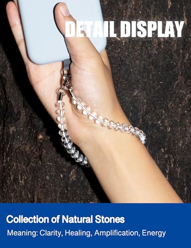 CH.yishi Handmade Natural Gemstone Crystal Beaded Charm Cell Phone Camera Lanyard, Hands-Free Wrist Strap, Phone Chain String, Keychain Decor for Walle (Silver, Clear quartz)