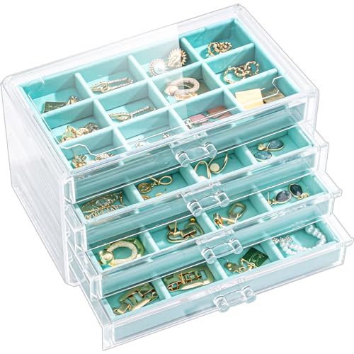 Lolalet Earring Holder Organizer Box Jewelry Storage with 4 Drawers, Clear Acrylic Stackable Earring Case with Adjustable Velvet Trays for Women on Dresser Vanity -Aqua, 4 Layers - color: Aqua, size: 4 Layers