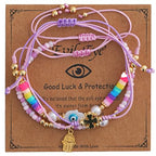 Evil Eye Heart Charm Stackable String Rope Colorful Beaded Bracelets Set For Women, Boho Handmade Adjustable Protection Lucky Gold Jewelry, Daily Party Friendship Gift - color: Purple Pink