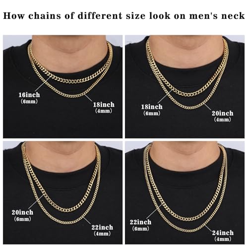 2PCS Cuban Link Chain Set for Men - Gold/Silver Plated Stainless Steel Layered Chain Necklace Non-Tarnish Jewelry Gift 16"/18", 18"/20", 20"/22", 22"/24" - color: Gold Chain, size: 22inch+24inch