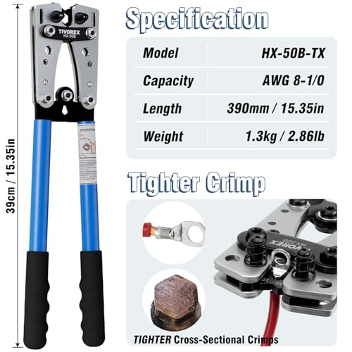 Battery Cable Wire Lug Crimping Tool for AWG 8-1/0 Heavy Duty Wire Copper Lugs, Electrical Lug Crimper with Cable Cutter, Silver, Blue, Black