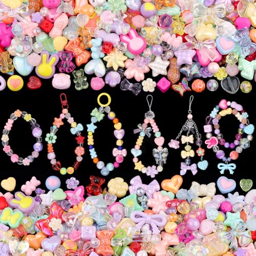 200-260PCS TINKRSTUFF Assorted Acrylic Beads Colorful Cute Beads for Bracelet Making, Bow Flower Butterfly GummyBear Kawaii Charms, Aesthetic Bead for Necklace Keychain Jewelry Making DIY Phone Charm - color: Mixed Colors
