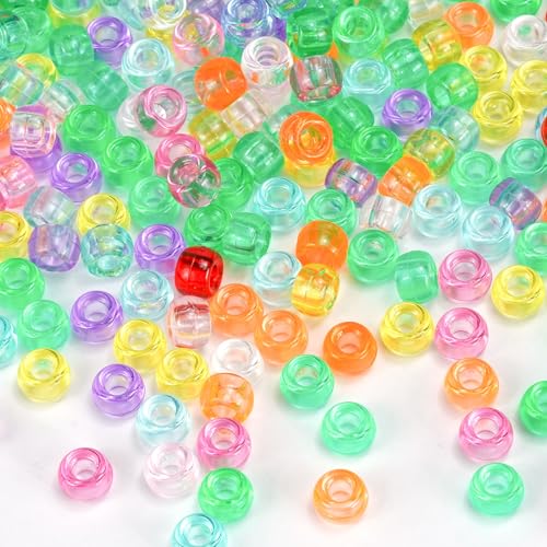 1000+ Pieces Clear Pony Beads Bulk, 9 Colors 6x9mm Transparent Acrylic Bead Large Plastic Kandi Beads for Bracelets Big Hole Hair Braids Jewelry Making Crafts DIY Projects - color: Crystal Clear 1000pcs