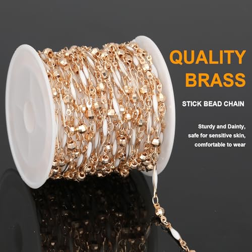 KYUNHOO 4 Meters Satellite Beaded Chain for Jewelry Making White Oil Drip Chain Link Gold Plated Brass Chain Spool for Women Making Jewelry Crafting Finding Supplies - color: Stick White