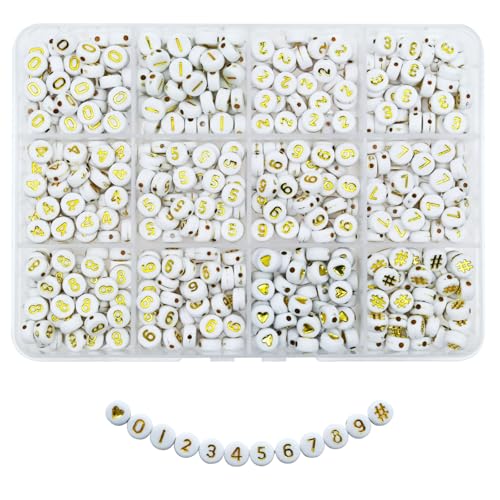 Amaney 600pcs Gold Number Beads 0-9 Symbol # Heart Acrylic Beads 7x4mm White with Storage Box - color: GoldBoxed, size: 7x4mm