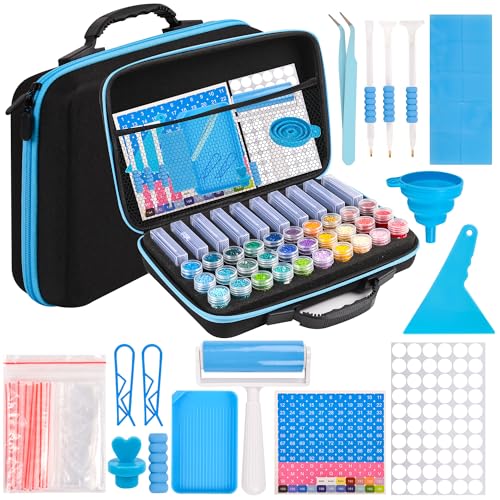 MERATIA Diamond Painting Storage Container, Diamond Art Kits for Adults Stackable Bead Organizer with Carrying Handle, Craft Storage Box with Accessories (Blue-10 Square+30 Round Bottles) - color: Blue-10 square+30 round bottles