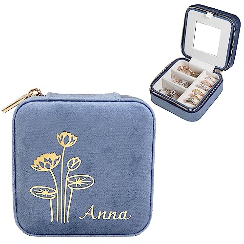 Customizable Compact Velvet Jewelry Box with Mirror, Travel Jewelry Case, Travel Jewelry Organizer, Jewelry Box for Women and Girls, Small Jewelry Organizer (Floral Design, Coral Blue) - color: Coral Blue, size: Flower Design and Text Only