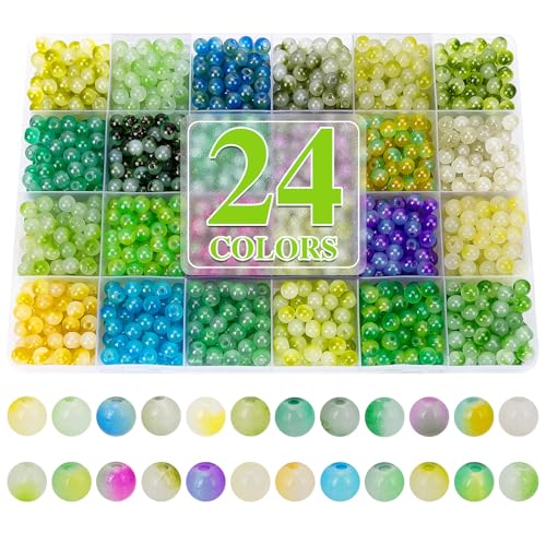 XSEINO About 1200+ pcs 6mm Glass Beads Bracelet Making Kit, 24 Assorted Green Bi-Color Fusion Series Crystal Beads for Jewelry Making, DIY Crafts, Friendship Bracelets - color: Green Bi-Color Fusion Series