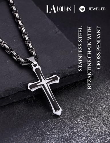 LOLIAS Black 14K Gold Plated 𝐂𝐫𝐨𝐬𝐬 𝐍𝐞𝐜𝐤𝐥𝐚𝐜𝐞 for Men Stainless Steel 𝐁𝐲𝐳𝐚𝐧𝐭𝐢𝐧𝐞 Chain With Cross Pendant Necklace 𝐌𝐞𝐧𝐬 𝐆𝐢𝐟𝐭 22-30Inch - color: Black plated necklace with pendant, size: 30IN