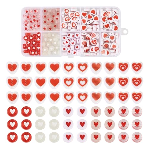 Beadthoven 200pcs Valentine's Day Heart Acrylic Beads - 7mm Flat Round Disc Red Heart Shaped Beads Spacers Bulk for Jewelry Making - color: Red