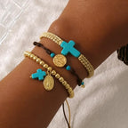 Christian Cross Jesus Pendant Charm Gold Rope String Beaded Bracelets Stack Set for Women,Handmade Bohemian Colorful Adjustable Jewelry,God Lucky Protection Friendship Gift - color: Blue