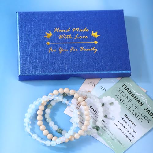 2/3-Pieces 4mm 6mm 8mm Natural Crystal Gemstone – Handmade Reiki Energy Healing Stretch Bracelets Jewelry for Yoga, Meditation, Unisex - color: 3 Pieces (Opalite&TianshanJade&WhiteFossilJasper), size: 6mm