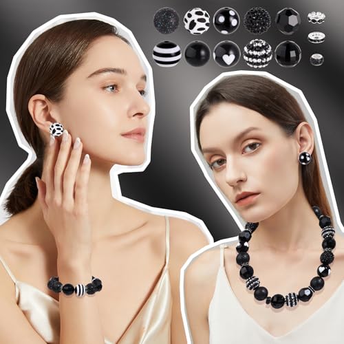 35 Pcs Chunky Bubblegum Beads 20mm Focal Pen Large Rhinestone Pearl Bead with Rhinestone Large Hole European Spacer Bead for DIY Beadable Pen Jewelry Making Keychain Craft Making(Black) - color: Black