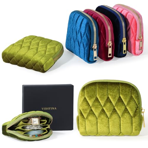 Small Travel Jewelry Case, Mini Travel Jewelry Bag with Zipper, 5-Layer Velvet Organizer Pouch for Bracelet Rings Earrings - Diamond Stitched Velvet Moss Green - color: MossGreen