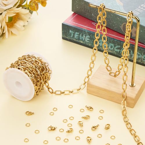 Jabogrii 3 Meters Gold Stainless Steel Jewelry Making Chains Bulk Oval Paperclip Chain for Jewelry Making - color: Paperclip Gold