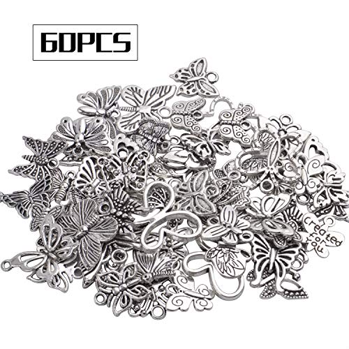 60pcs Silver Butterfly Charms Tibetan Butterfly Shape Alloy Pendants Insect Charms for DIY Necklace Bracelet Earrings Jewelry Making - style: Mixed Silver Butterfly Charms