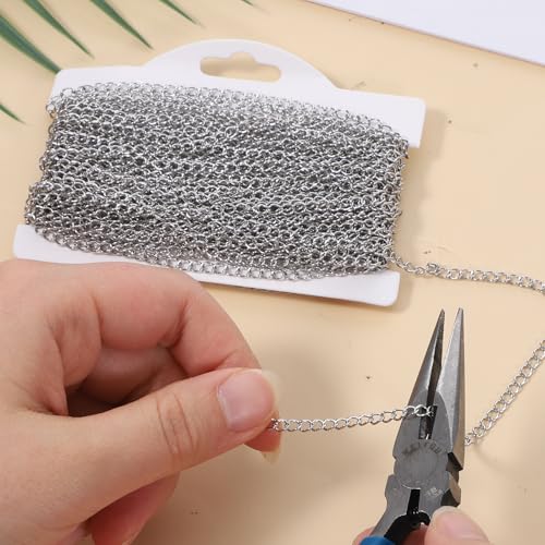 33 Foot Stainless Steel Curb Chains, 3mm Stainless Steel Extender Chains Silver Tarnish Resistant Link Chain for Necklace Bracelet Earring Jewelry Making DIY Craft
