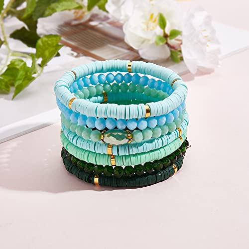 Ornaland 7Pcs Handmade Polymer Clay Heishi Surfer Stretch Bracelets Set Colorful Glass Beads Bracelets Boho Stackable Preppy Bracelets Wrist Jewelry for Women - color: Sky Blue