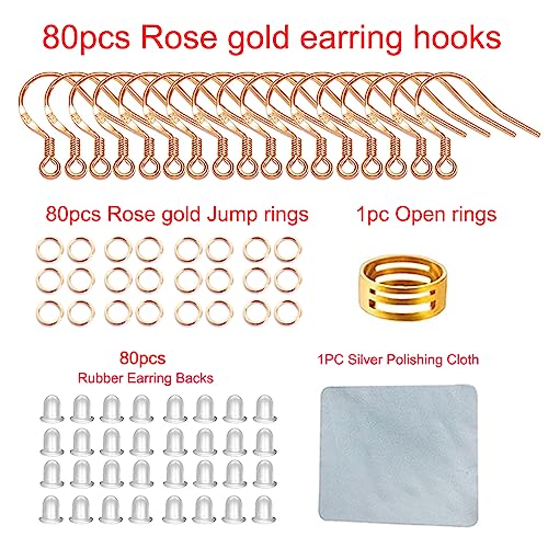 Rose Gold Earring Hooks, 240Pcs Earrings Making Kit with Hypoallergenic Ear Hooks, Jump Rings and Clear Rubber Earring Backs for DIY Jewelry Making - color: Small Rose Gold