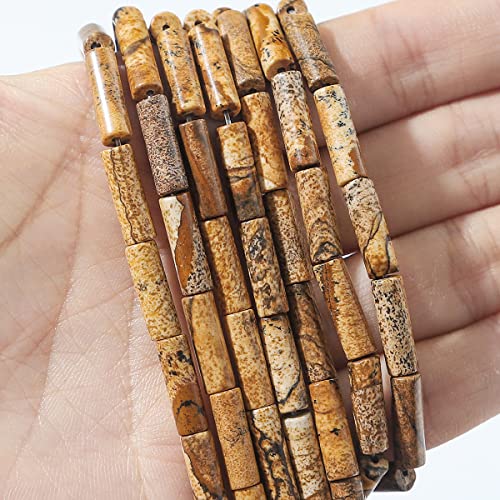 BEADIA Natural Brown Picture Jasper Tube Beads 13x4mm 30pcs Cylinder Loose Semi Gemstone Beads for Jewelry Making Design - color: Brown Picture Cylinder