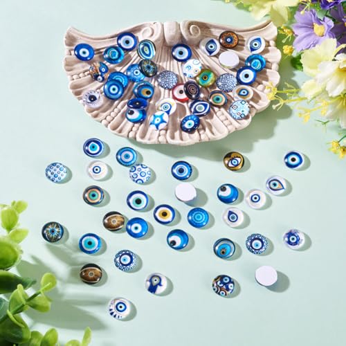 100Pcs/Set Flat Round Transparent Glass Cabochons with Pattern Eye Flatback Glass Dome Flatback Cab Beads for Photo Cameo Jewelry Making Necklace Ring DIY Crafts 12x4mm Evil Eye - color: 100Pcs-12x4mm-Evil Eye