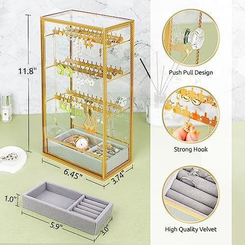 Glass Earring Holder Organizer, Jewelry Organizer Earrings Holder with Hanging Hook, Glass Earring Display Box for Necklace Ring Storage - style: Earring Organizer