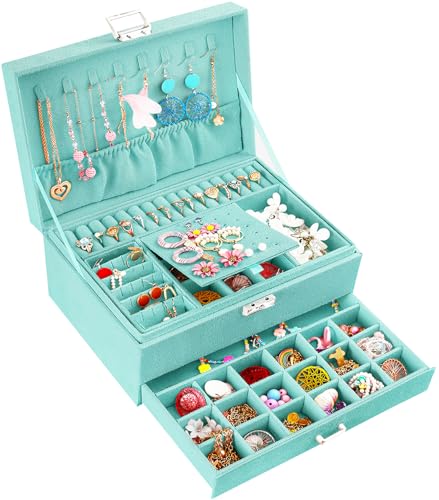 QBestry 3-Layer Jewelry Box for Girls & Teens with Lock and Key, Large Jewelry Organizer with 8 Necklace Hooks & 56 Earring Holes, Teal Velvet Jewelry Storage Box for Necklaces Earrings Rings Bracelet - color: Turquoise