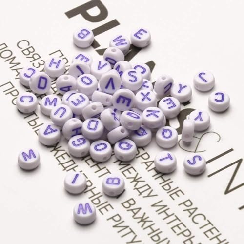 Purple Letter Beads Alphabet Letters White Round Bead, 4x7mm 1200pcs, Flat Letter Beads Purple Friendship Bracelets Making Kit Beads for Bracelets Purple Beads with Box - color: Purple Letter White Bead, size: 4×7mm(Round)