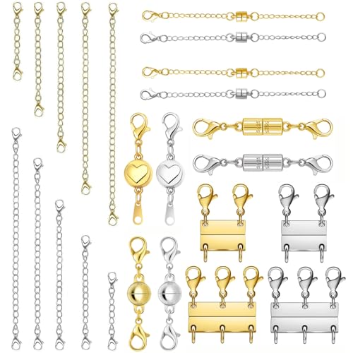 Magnetic Necklace Clasps and Closures with Extender Chain Set, Magnetic Necklace Clasp & Extender Chain Set, Easy to Use for Necklaces and Bracelets, Gold and Silver (24pcs) - color: 24pcs