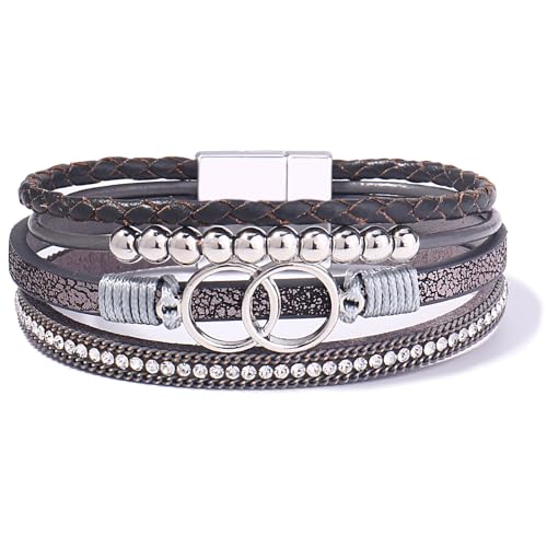 FANCY SHINY Mothers Day Gifts Boho Leather Wrap Bracelet Stackable Infinity Chunky Cuff Bracelets Western Hippie Outfits Jewelry Valentine Gifts for Women - color: Grey