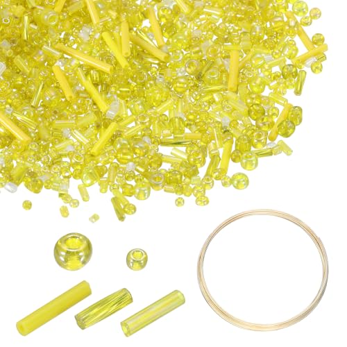 uxcell 3000pcs Glass Seed Beads, 1.5-4.5mm Small Embroidery Bugle Beads Assorted Tube Bead Loose Kit for Jewelry Making DIY Craft Beading Bracelets Necklace Earring (Yellow) - color: Yellow