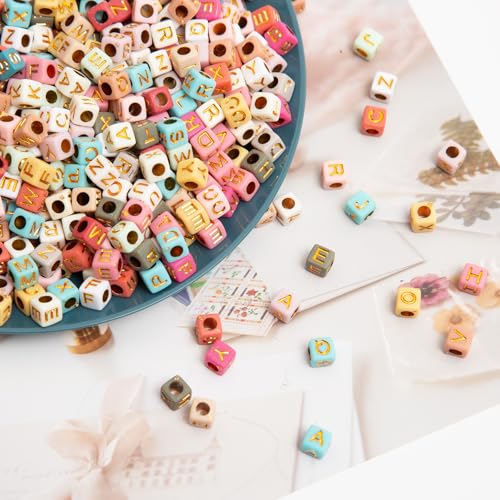 900pcs Square Colorful and Gold Letter Beads Acrylic 6x6mm Cube Beads for Bracelets Necklaces and Jewelry Making Alphabet Bead - color: Colorful-Gold