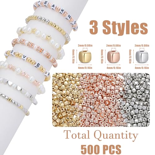 XIANNVXI 500Pcs Square Spacer Beads for Jewelry Making - Smooth Loose Beads for DIY Bracelets & Necklaces (Gold, Silver, Rose Gold) - color: Square spaced beads 3 colors
