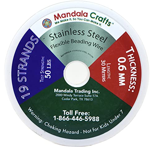 Mandala Crafts 19 Strand Beading Wire for Jewelry Making - 98 FT 22 Gauge Stainless Steel Braided Tiger Tail Wire for Bead Stringing - size: 19 Strands 22 Gauge 0.6MM 98FT