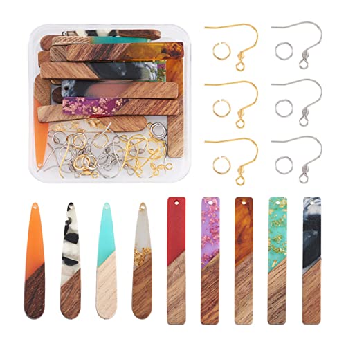 FASHEWELRY 18Pcs Wood Resin Earrings Charms Long Drop & Bar Shape Wooden Earring Blanks Earring Findings for Earrings Jewelry Making Kit with 120Pcs Earring Hooks & Jump Rings - color: 0Long Drop & Bar