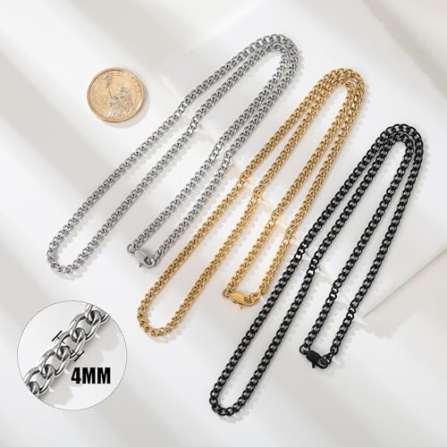 3 Pcs Cuban Link Chain Necklace for men, 4mm Stainless Steel Silver Black and 18K Gold Plated Chains Necklace men Women, 18"/22"/26"/30 Inches - size: 30 Inches