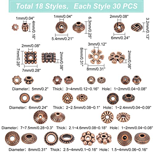 PH PandaHall 540pcs Tibetan Spacer Beads 18 Styles Red Copper Spacer Beads Flat Alloy Bead Spacers Jewelry Loose Beads Metal Craft Beads for Bracelet Necklace Jewelry Supplies - color: 18 Styles Red Copper - 540pcs